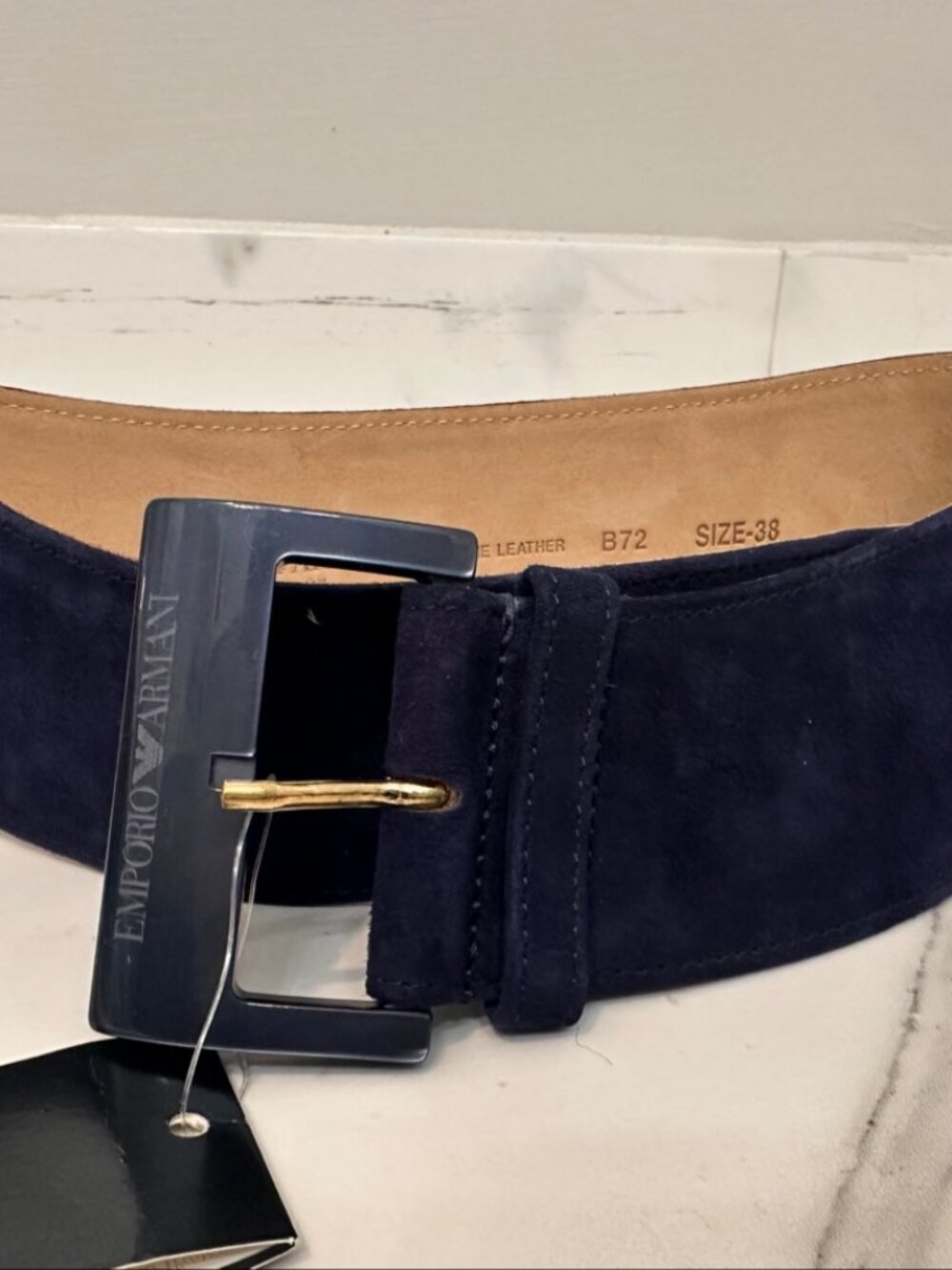 Emporio Armani Wide Suede Belt Navy Logo Buckle 38 NWT